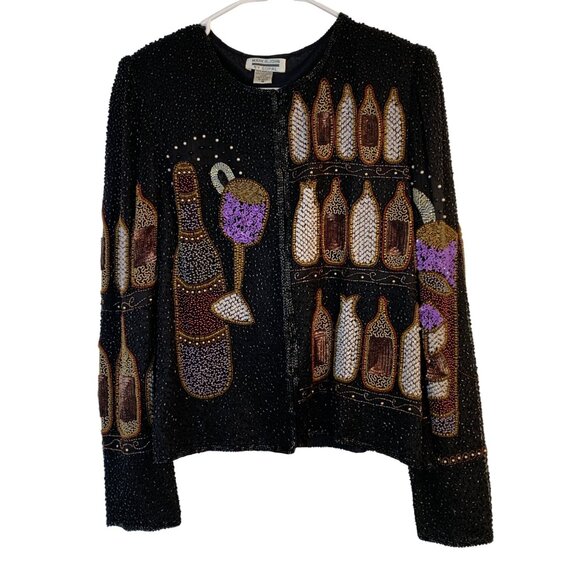 VTG 80s Gopal Black Beaded Jacket Champagne Theme 100% Silk Lined M 8695 - Picture 4 of 13